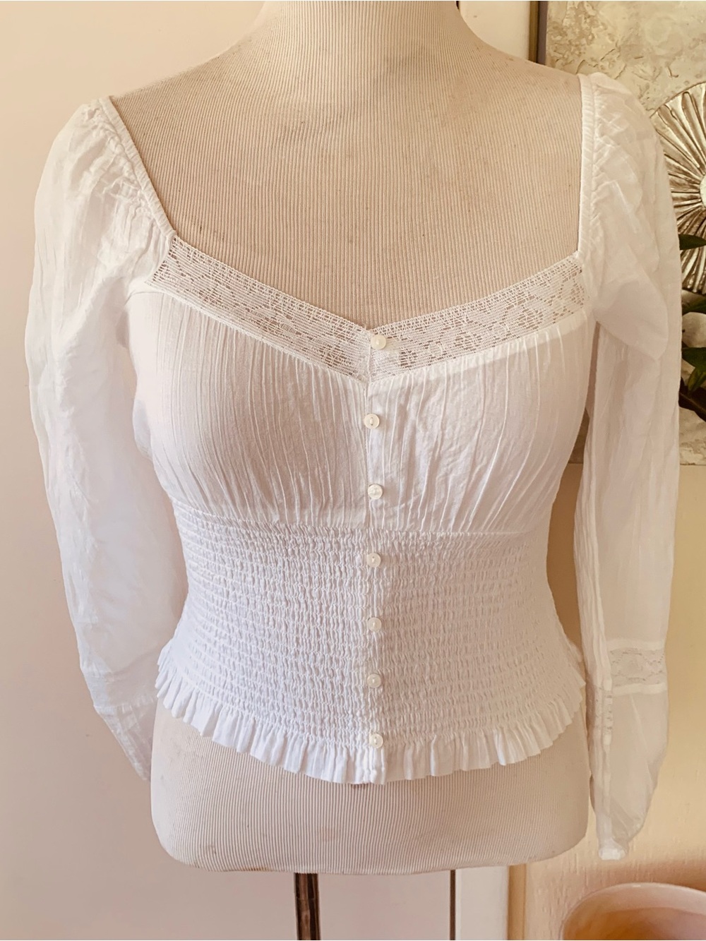 American Eagle Outfitters White Lace-Trim Smocked Peasant Blouse